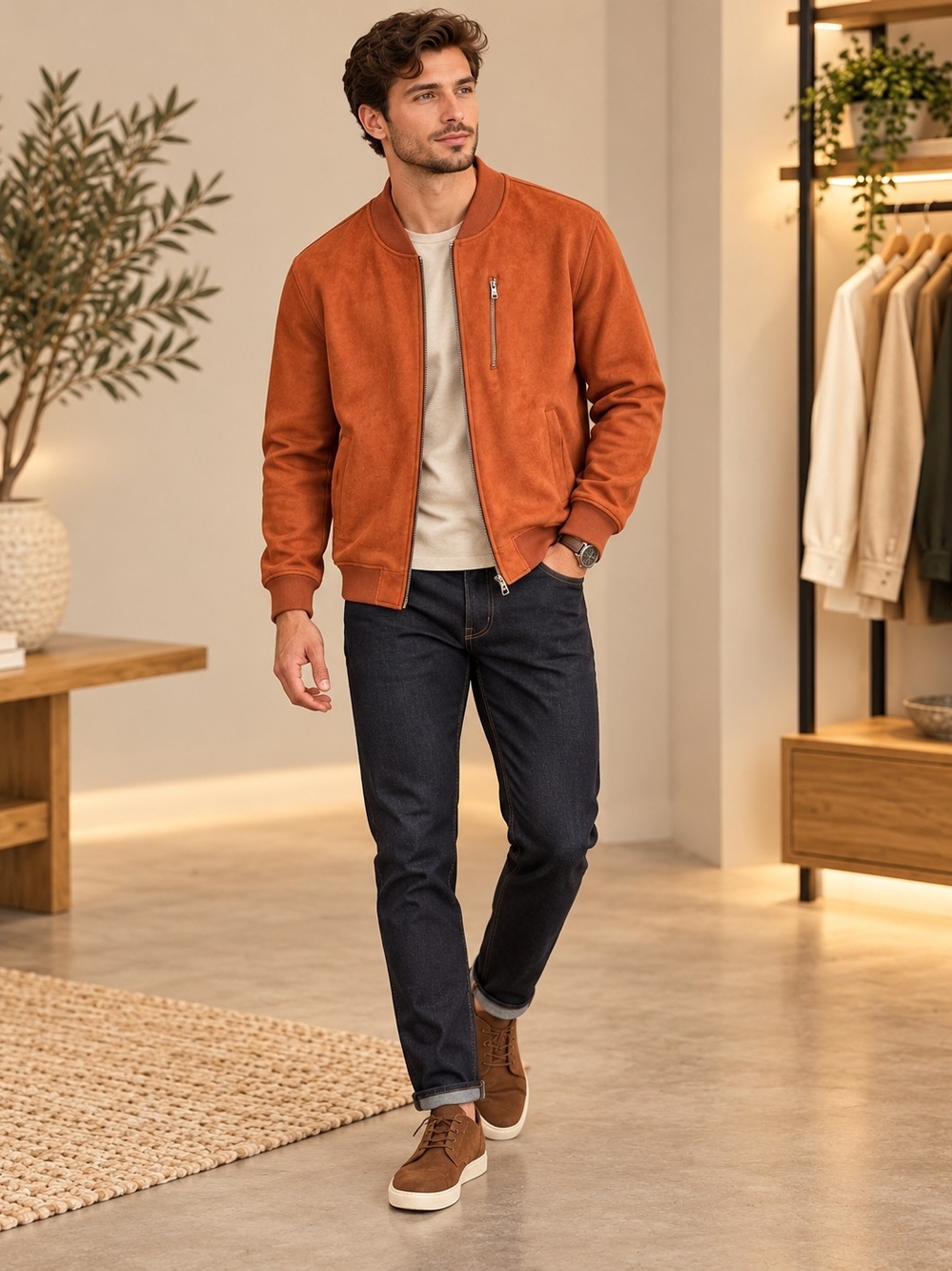 Ben Sherman Men's Rust Suede Bomber Jacket Size L